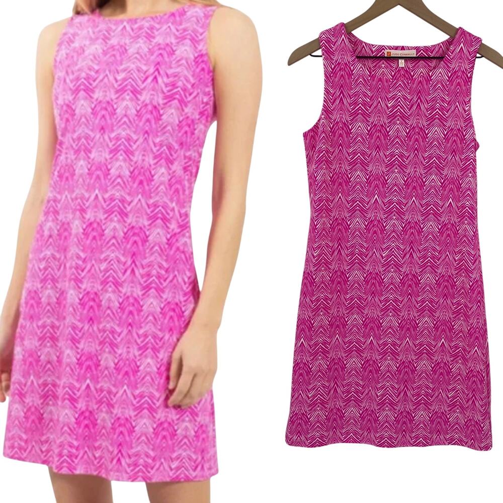 Jude Connally Beth Mini Shift Dress Stretchy Knit Sleeveless Printed Hot Pink S